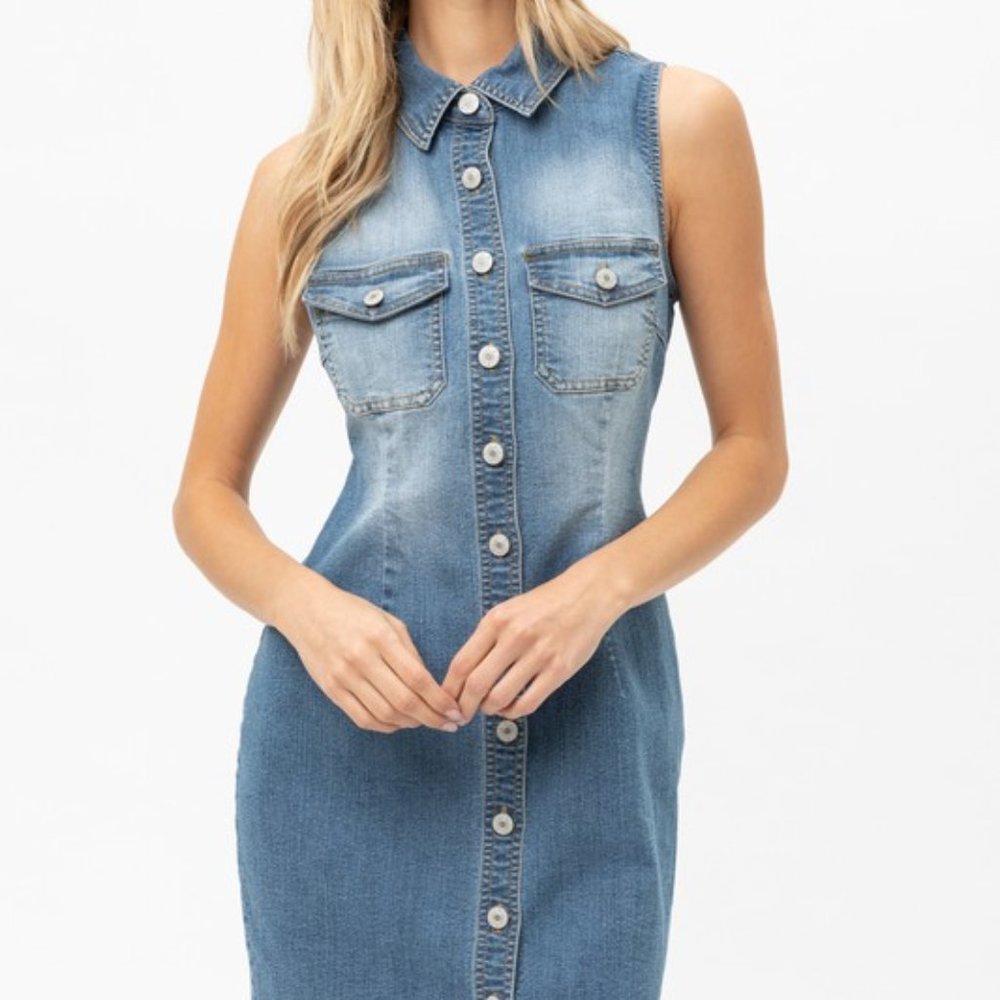 Button Down Sleeveless Denim Dress